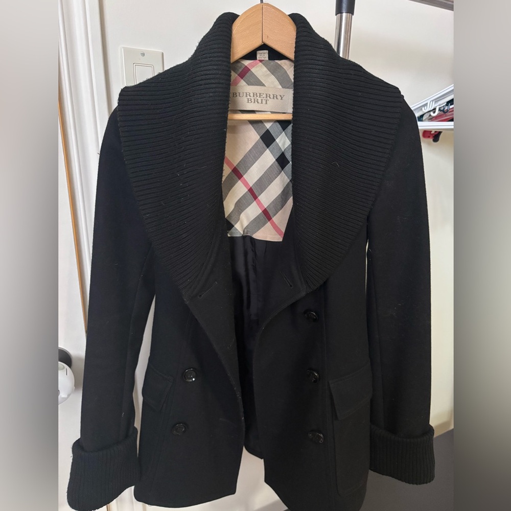 Burberry Brit Black Ribbed Shawl-Collar Pea Coat